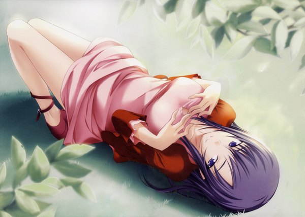Anime picture 6944x4961 with shin ringetsu single highres breasts lying hand on chest girl dress leaf (leaves) sandals