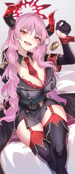 Anime picture 703x1623 with blue archive satsuki (blue archive) 2windrill single long hair tall image breasts open mouth light erotic red eyes large breasts sitting pink hair cleavage head tilt :d horn (horns) mole crossed legs mole on breast