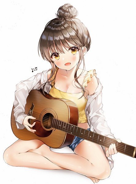 Anime picture 945x1280 with original weri single long hair tall image blush fringe open mouth simple background hair between eyes brown hair white background sitting bare shoulders holding yellow eyes payot full body head tilt fingernails