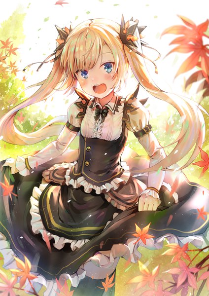 Anime picture 707x1000 with original qian wu atai single long hair tall image looking at viewer blush open mouth blue eyes blonde hair twintails girl thighhighs dress hair ornament black thighhighs frills leaf (leaves) maple leaf