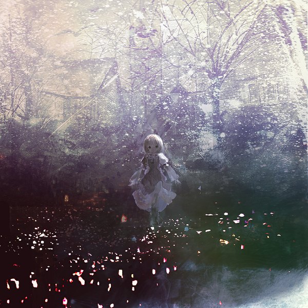 Anime picture 1000x1000 with original 86thunder single looking at viewer fringe short hair standing green eyes full body white hair long sleeves snowing spread arms winter snow bare tree girl dress plant (plants) tree (trees)
