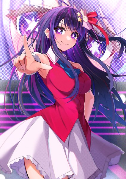 Anime picture 1129x1596 with oshi no ko hoshino ai (oshi no ko) yb suika single long hair tall image looking at viewer breasts smile standing purple eyes bare shoulders purple hair armpit (armpits) one side up outstretched arm symbol-shaped pupils pointing girl hair ornament