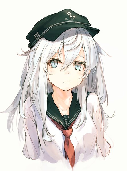 Anime picture 640x861 with kantai collection hibiki destroyer amoranorem single long hair tall image looking at viewer blue eyes simple background white background white hair portrait girl sailor suit flat cap anchor symbol anchor