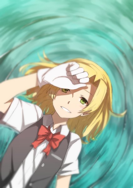 Anime picture 1105x1563 with kantai collection maikaze destroyer tsukamoto minori single tall image short hair blonde hair smile green eyes lying from above short sleeves girl gloves water white gloves vest