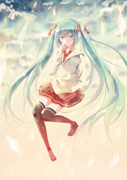 Anime picture 1300x1838 with vocaloid hatsune miku pudding (8008208820) single tall image looking at viewer blush twintails sky cloud (clouds) very long hair aqua eyes aqua hair flying girl thighhighs skirt black thighhighs star (stars)