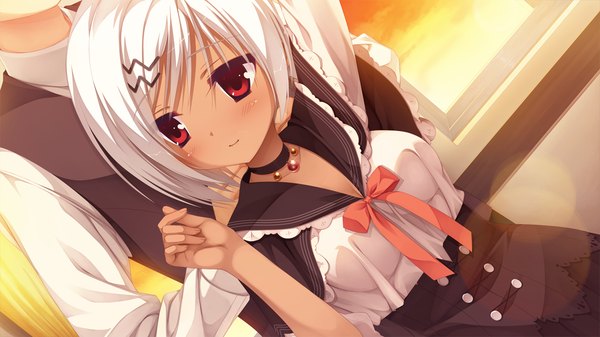 Anime picture 1280x720 with amairo islenauts yuzusoft hinomiya konoka muririn blush short hair smile red eyes wide image game cg white hair looking back dark skin girl dress boy choker