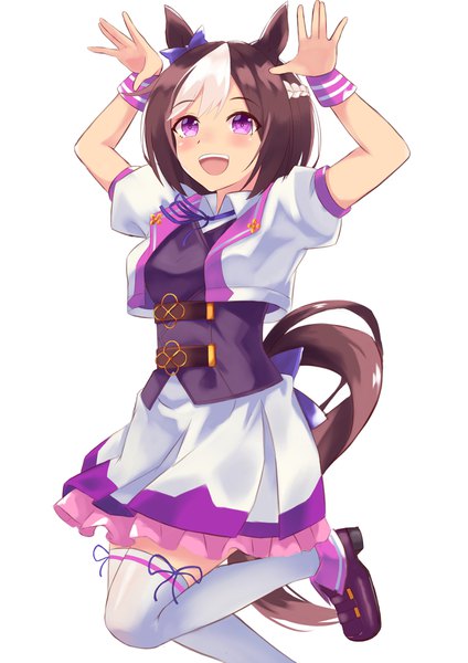 Anime picture 2894x4093 with umamusume special week (umamusume) re single tall image looking at viewer blush highres short hair open mouth simple background brown hair standing white background purple eyes animal ears bent knee (knees) white hair tail braid (braids)