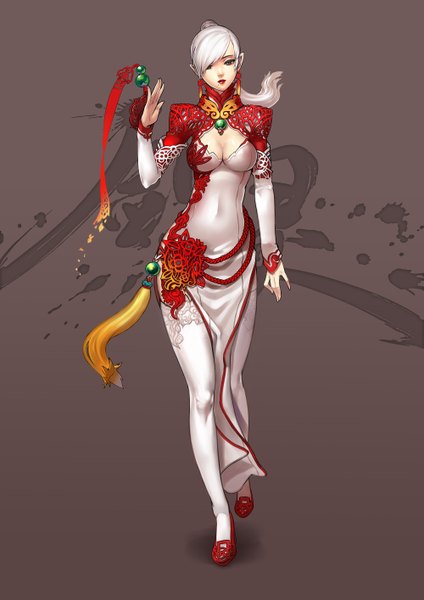 Anime-Bild 2000x2828 mit blade & soul yukiusagi1983 single long hair tall image looking at viewer highres simple background brown eyes white hair ponytail pointy ears covered navel chinese clothes girl dress earrings
