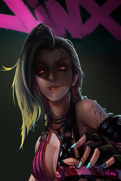 Anime picture 1073x1599 with league of legends jinx (league of legends) single long hair tall image looking at viewer highres breasts bare shoulders blue hair cleavage braid (braids) nail polish pink eyes multicolored hair fingernails green hair light smile lips character names