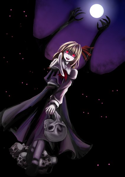Anime picture 1748x2480 with touhou rumia pandora (artist) single tall image highres short hair open mouth blonde hair red eyes night vampire horror girl moon skull hands