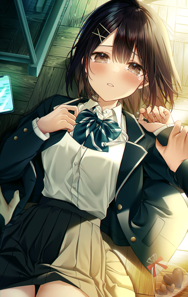 Anime picture 3086x4873 with original kuro namako tall image looking at viewer blush fringe highres short hair brown hair brown eyes absurdres indoors lying long sleeves parted lips pleated skirt from above open clothes on back tears