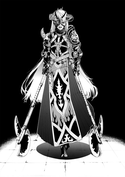 Anime picture 1220x1732 with original giba (out-low) single long hair tall image looking at viewer fringe open mouth standing holding white hair horn (horns) black eyes teeth shadow monochrome girl gloves weapon belt