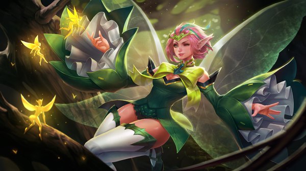 Anime picture 5920x3330 with arena of valor krixi (arena of valor) tagme (artist) single highres short hair breasts smile wide image green eyes pink hair absurdres parted lips one eye closed multicolored hair pointy ears realistic wide sleeves two-tone hair streaked hair