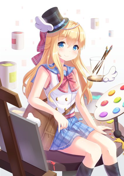 Anime picture 2894x4093 with original holmemee single long hair tall image looking at viewer blush fringe highres blue eyes blonde hair smile hair between eyes white background sitting bent knee (knees) pleated skirt arm support plaid skirt sailor collar