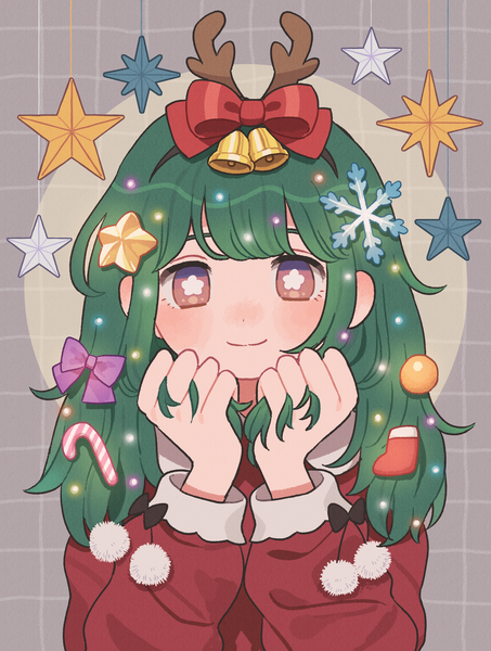 Anime picture 2295x3035 with original nokanok single long hair tall image looking at viewer fringe highres smile holding upper body long sleeves green hair symbol-shaped pupils portrait christmas holding hair plaid hair bell fake antlers