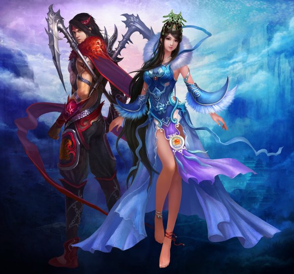 Anime picture 5912x5515 with zhu xian jade dynasty long hair highres black hair absurdres cloud (clouds) black eyes legs couple muscle girl boy hair ornament weapon cloak fist