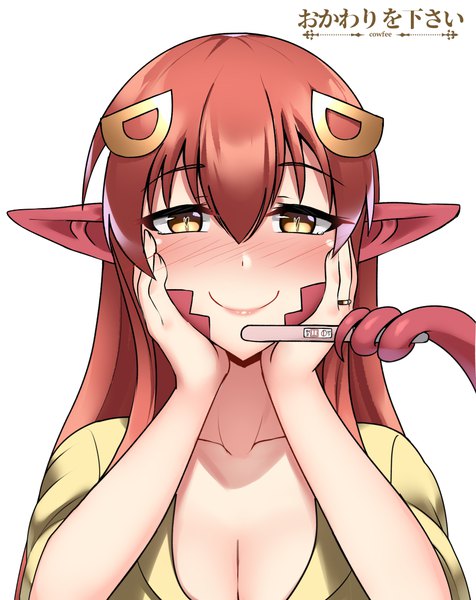 Anime-Bild 899x1133 mit monster musume no iru nichijou miia (monster musume) cowfee single long hair tall image looking at viewer blush fringe breasts simple background smile hair between eyes large breasts white background holding signed yellow eyes cleavage upper body