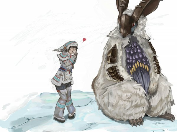 Аниме картинка 1728x1296 с monster hunter lagombi (armor) lagombi sharu rotte высокое разрешение простой фон белый фон закрытые глаза девушка перчатки сердце (символ) чудовище зимняя (тёплая) одежда