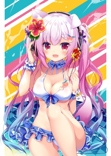 Anime picture 1000x1403 with virtual youtuber nanamomo rio single long hair tall image looking at viewer blush fringe breasts open mouth light erotic simple background smile hair between eyes red eyes bare shoulders animal ears payot pink hair bent knee (knees)