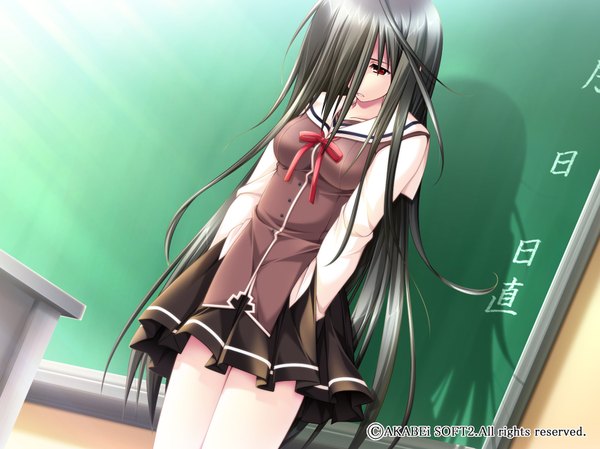 Anime picture 1654x1240 with long hair highres looking down sad uniform school uniform blackboard