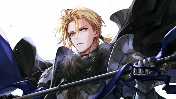 Anime picture 1500x844 with fire emblem fire emblem: three houses fire emblem warriors: three hopes nintendo dimitri alexandre blaiddyd danhu single fringe short hair blue eyes simple background blonde hair hair between eyes wide image white background signed looking away upper body fur trim low ponytail