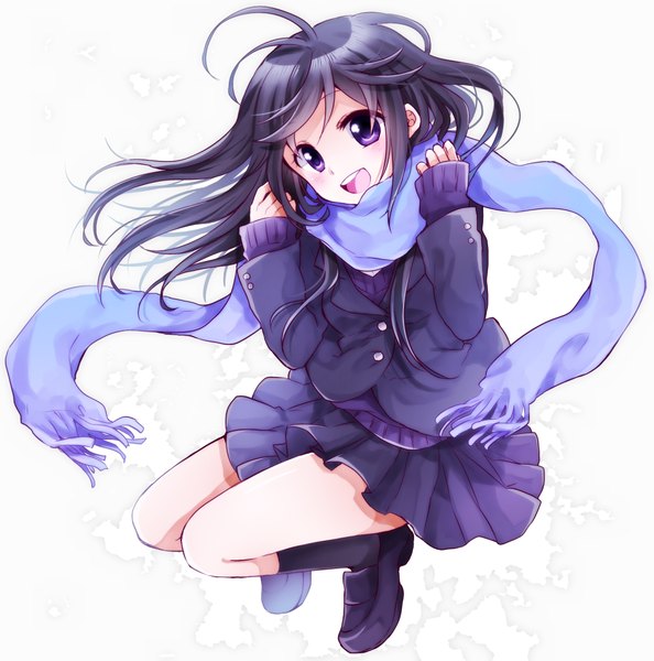 Anime picture 1000x1010 with original noki (potekoro) single long hair tall image looking at viewer blush open mouth simple background white background purple eyes blue hair girl uniform school uniform socks scarf black socks