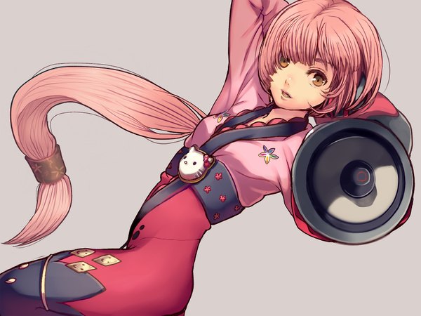 Anime picture 1600x1200 with hello kitty vocaloid sanrio nekomura iroha tanaka2suzuki single long hair simple background brown eyes pink hair girl speakers