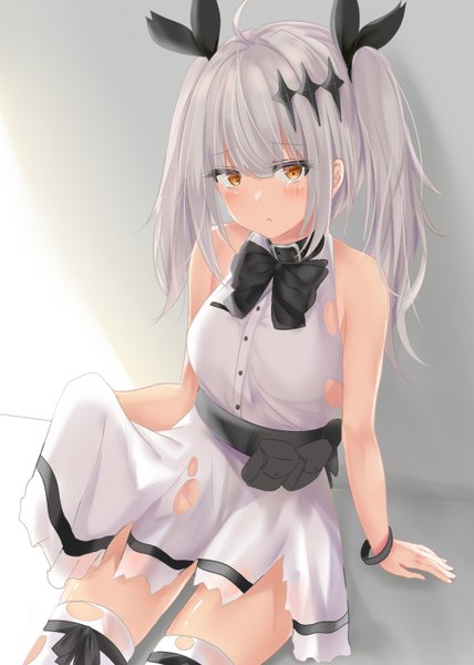 Anime picture 1000x1400 with girls frontline five-seven (girls frontline) ru zhai single long hair tall image looking at viewer blush fringe light erotic simple background hair between eyes sitting twintails bare shoulders payot silver hair ahoge grey background arm support