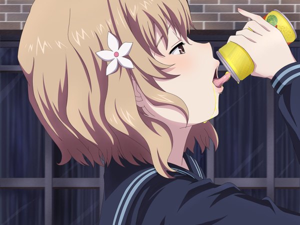 Anime picture 1280x960 with hanasaku iroha p.a. works matsumae ohana norito-me haruka (artist) short hair open mouth brown hair brown eyes drinking girl serafuku tongue