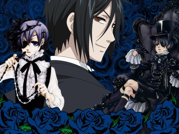 Anime picture 1600x1200 with kuroshitsuji a-1 pictures sebastian michaelis ciel phantomhive tagme (artist) looking at viewer short hair blue eyes black hair holding purple hair red hair nail polish parted lips looking back multiple boys crossed legs eyebrows boy gloves