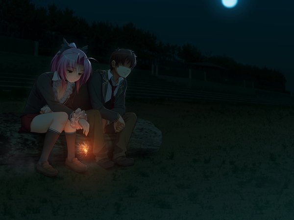 Anime picture 1500x1125 with sumaga nitroplus spica tsuji santa short hair black hair sitting green eyes pink hair night girl boy uniform school uniform socks black socks moon