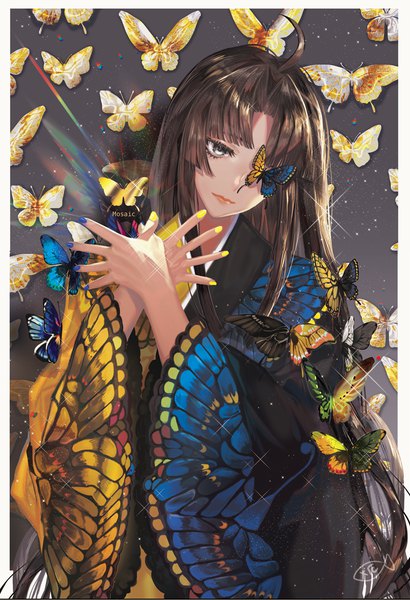 Anime picture 1194x1744 with original yakusuke single long hair tall image brown hair signed payot ahoge upper body nail polish traditional clothes japanese clothes sparkle border looking down crossed arms silver eyes animal print blue nail polish