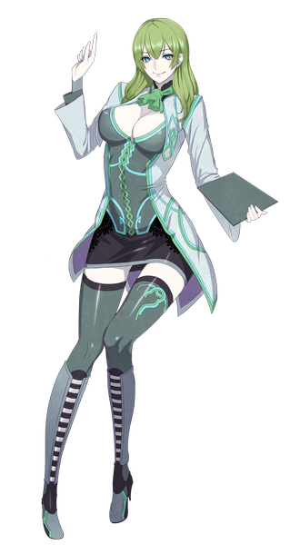 Anime picture 1100x2000 with border break (game) fiona (border break) damegane single long hair tall image breasts blue eyes light erotic large breasts green hair transparent background girl thighhighs miniskirt knee boots neckerchief