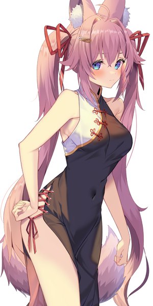 Anime picture 2000x4000 with original jun (aousa0328) single long hair tall image looking at viewer blush fringe highres breasts blue eyes simple background hair between eyes standing white background twintails bare shoulders animal ears payot pink hair