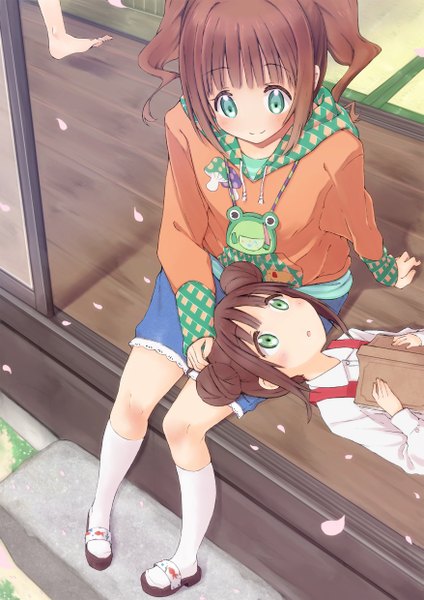 Anime picture 1753x2480 with idolmaster takatsuki yayoi chika (orange pop) tall image blush highres short hair smile brown hair sitting multiple girls green eyes girl 2 girls petals socks white socks