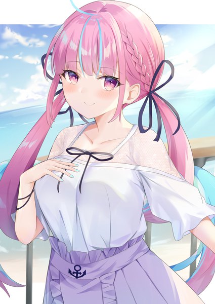 Anime picture 1200x1696 with virtual youtuber hololive minato aqua sisoha single long hair tall image looking at viewer blush fringe smile purple eyes twintails payot pink hair outdoors nail polish low twintails hand on chest outside border