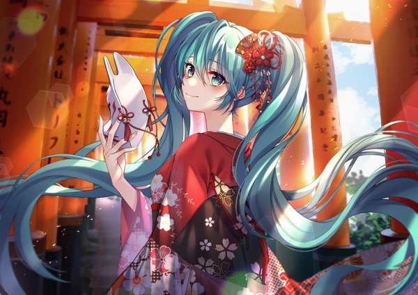 Anime picture 1500x1061 with vocaloid hatsune miku kiwi (pixiv6429539) single long hair looking at viewer blush fringe smile hair between eyes twintails holding sky outdoors traditional clothes head tilt japanese clothes looking back aqua eyes sunlight