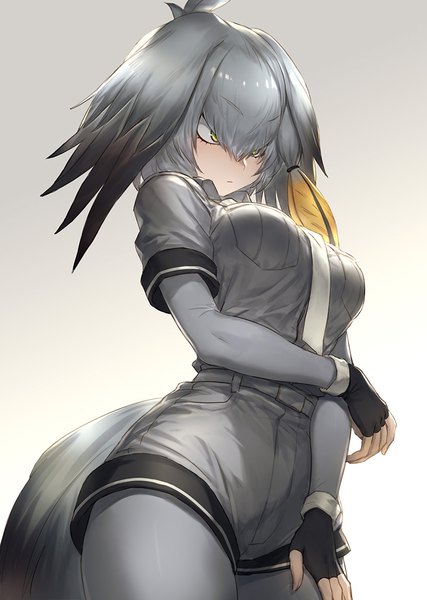 Anime picture 711x1000 with kemono friends shoebill (kemono friends) guchico single tall image fringe breasts simple background hair between eyes large breasts yellow eyes grey hair grey background gradient background underboob head wings girl gloves wings black gloves