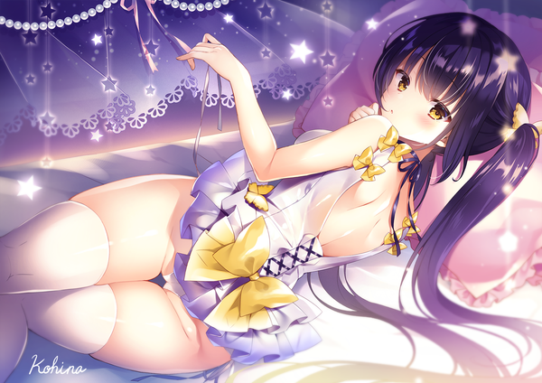 Anime picture 1754x1240 with original toorutsuki hajime single long hair looking at viewer blush fringe highres breasts open mouth light erotic twintails yellow eyes payot purple hair lying looking back :o character names thigh gap