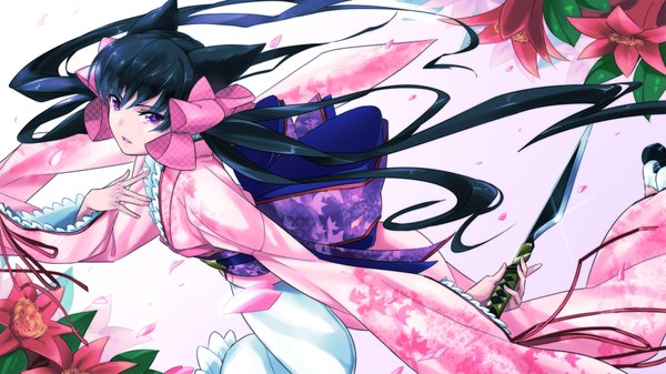 Anime picture 1916x1078 with otome youkai zakuro j.c. staff zakuro (otome youkai zakuro) nana g single long hair highres black hair wide image twintails purple eyes animal ears girl flower (flowers) bow weapon hair bow knife yukata