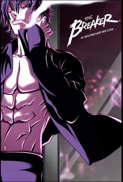 Anime picture 728x1072 with the breaker chun-woo m-shu single tall image looking at viewer short hair smile red eyes purple hair open clothes open shirt coloring smoke muscle smoking boy shirt window cigarette