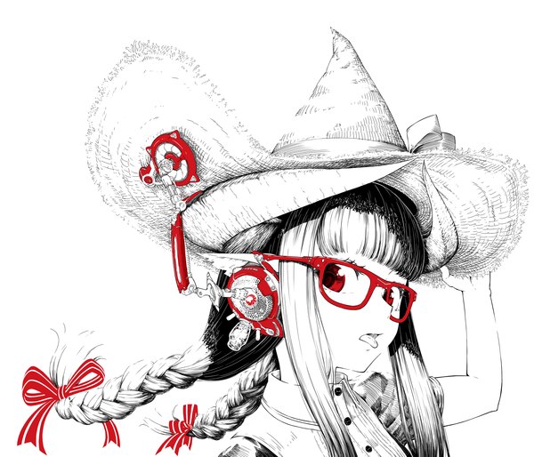 Anime picture 2100x1800 with original jaco single long hair looking at viewer fringe highres open mouth black hair simple background red eyes white background monochrome close-up girl ribbon (ribbons) hair ribbon hat glasses tongue