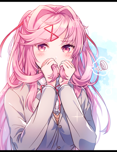 Anime picture 692x900 with doki doki literature club natsuki (doki doki literature club) aicedrop single long hair tall image looking at viewer blush simple background pink hair upper body long sleeves pink eyes sparkle two side up embarrassed letterboxed alternate hairstyle covered mouth alternate hair length