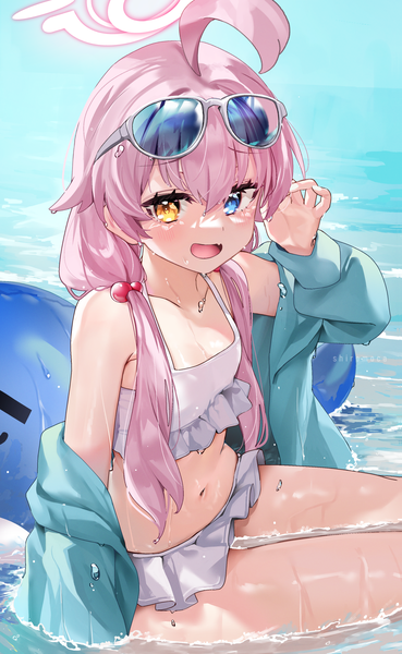Anime picture 1717x2789 with blue archive hoshino (blue archive) hoshino (swimsuit) (blue archive) shiromoca single long hair tall image fringe highres open mouth hair between eyes sitting twintails pink hair ahoge :d heterochromia partially submerged low twintails official alternate costume