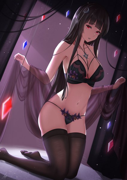 Anime picture 781x1105 with tate no yuusha no nariagari kinema citrus grass (tate no yuusha no nariagari) nev (nevblindarts) single long hair tall image looking at viewer fringe breasts light erotic black hair red eyes large breasts bare shoulders holding signed payot bent knee (knees) indoors
