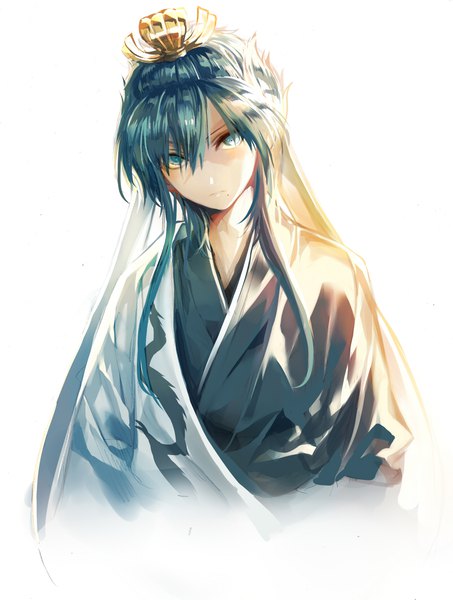 Anime picture 800x1059 with magi the labyrinth of magic a-1 pictures ren hakuryuu bun-o (artist) single long hair tall image looking at viewer fringe blue eyes simple background hair between eyes white background payot blue hair upper body traditional clothes head tilt japanese clothes mole