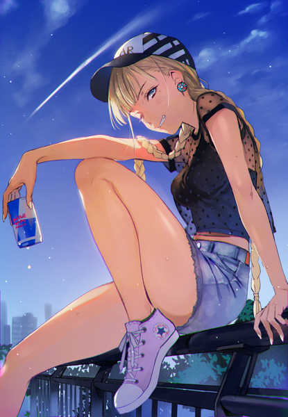 Anime picture 844x1220 with original red bull g.g.lemon single long hair tall image looking at viewer fringe breasts blonde hair smile sitting holding sky cloud (clouds) bent knee (knees) braid (braids) nail polish head tilt one eye closed