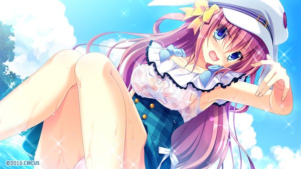 Anime picture 800x450 with d.s. -dal segno- circus (studio) asamiya himari single long hair blush open mouth blue eyes light erotic hair between eyes wide image sitting looking away pink hair game cg cloud (clouds) sparkle wet clothes 2015 girl