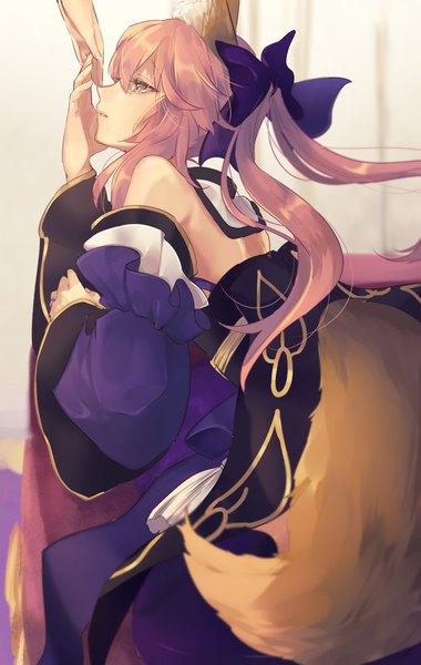 Anime picture 1350x2132 with fate (series) fate/extra tamamo (fate) (all) tamamo no mae (fate) hino hinako single long hair tall image twintails animal ears yellow eyes looking away pink hair tail traditional clothes parted lips japanese clothes animal tail profile arm up