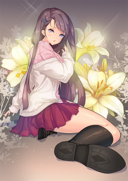 Anime picture 608x860 with original shallua single long hair tall image looking at viewer blush fringe black hair sitting purple eyes girl skirt flower (flowers) socks black socks cardigan clothes lily (flower)